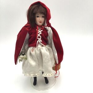 Red Riding Hood Porcelain Doll In Red Velvet Cape & Lace Dress With Basket 13" C